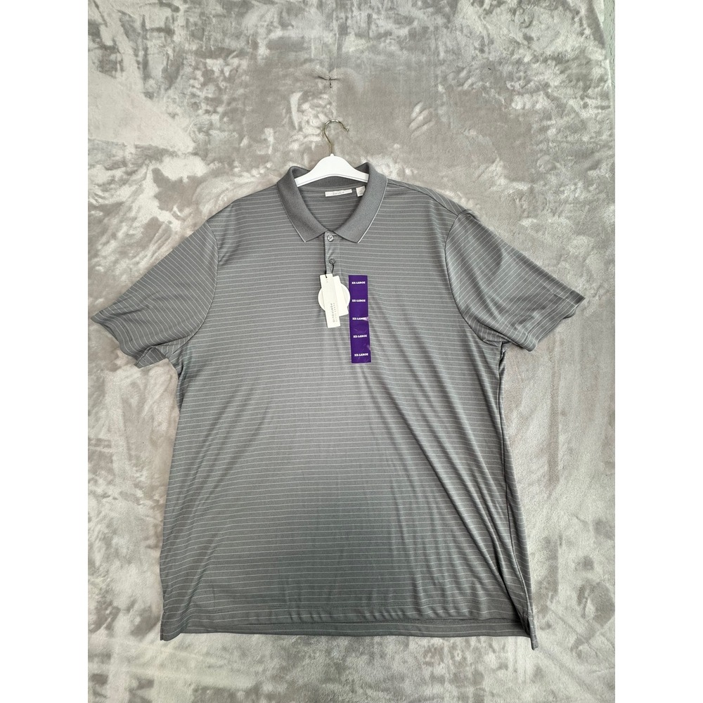 Perry Ellis Portfolio Mens Gray Stripe Polo Shirt XXL‎ Polyester Short Sleeve